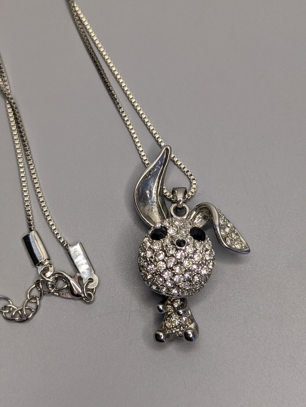 Vintage Articulated Rhinestone Rabbit Pendant Necklace Sparkly Pave Crystal Y2k